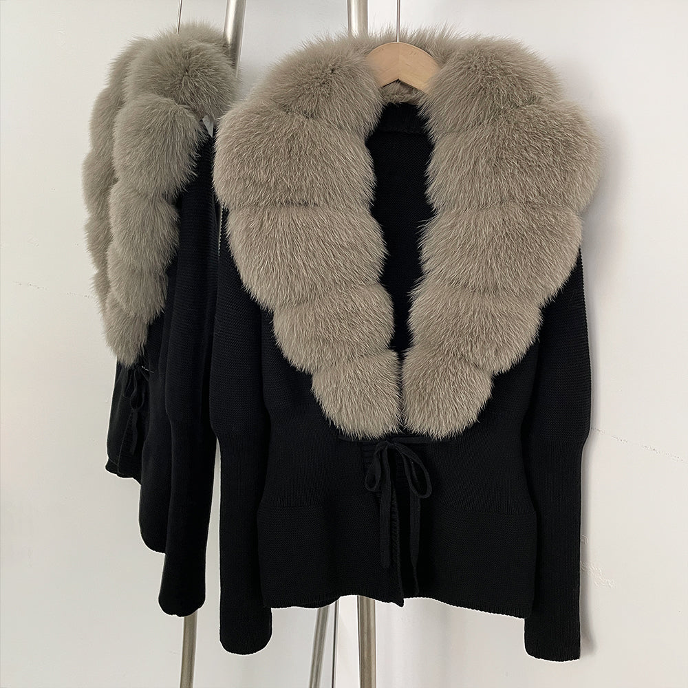 OFTBUY Luxury 100% Cotton Jacket with Real Fox Fur Collar New Autumn Winter Knit Cardigan Women Slim Warm Sweater Outerwear Lady