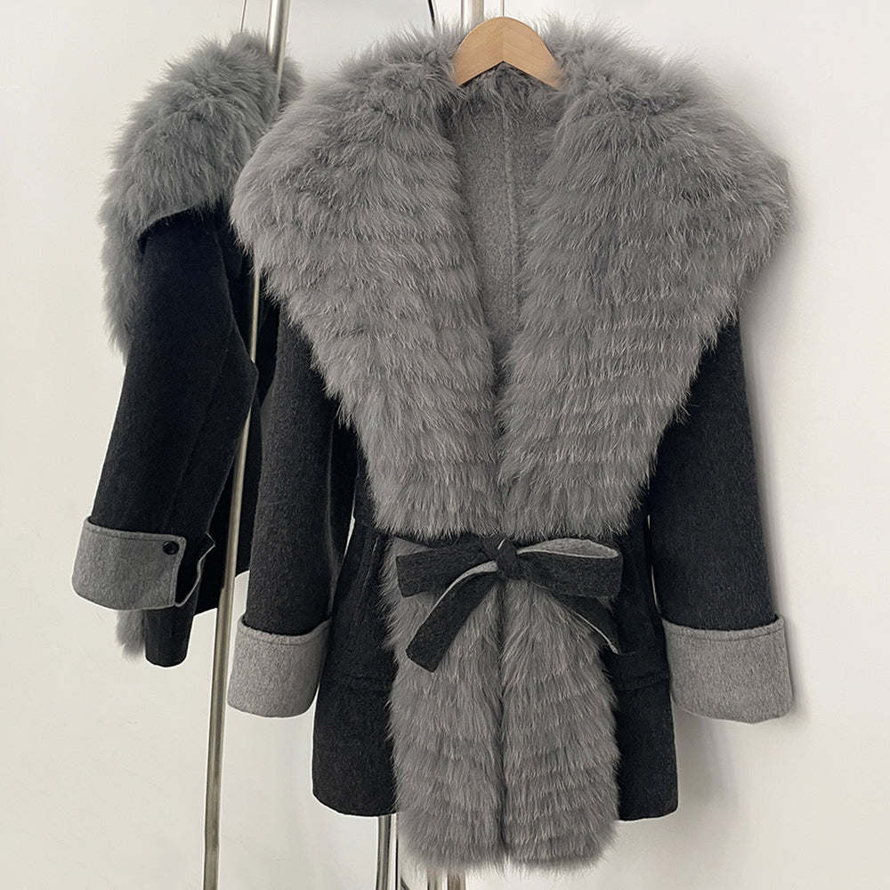 OFTBUY New Autumn Winter Belt Top Clothes Mid-length Real Fox Fur Woolen Coat Female Fashion Warm Natural Fur Wool Jacket Women