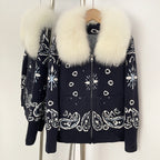 OFTBUY Women's Vintage Real Fox Fur Collar Knit Cardigan Paisley Print Zip Up Sweater Jacket Female Warm Winter Luxury Outerwear