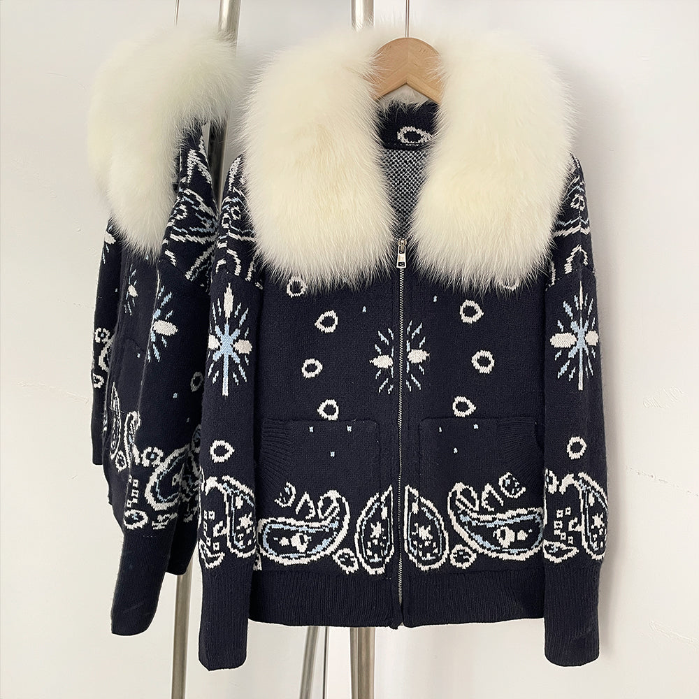 OFTBUY Women's Vintage Real Fox Fur Collar Knit Cardigan Paisley Print Zip Up Sweater Jacket Female Warm Winter Luxury Outerwear