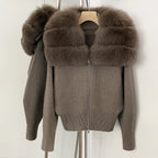 OFTBUY Women's Real Fox Raccoon Fur Collar Knit Zip Up Cardigan Ribbed Hem Warm Winter Sweater Jacket Female Luxury Outerwear
