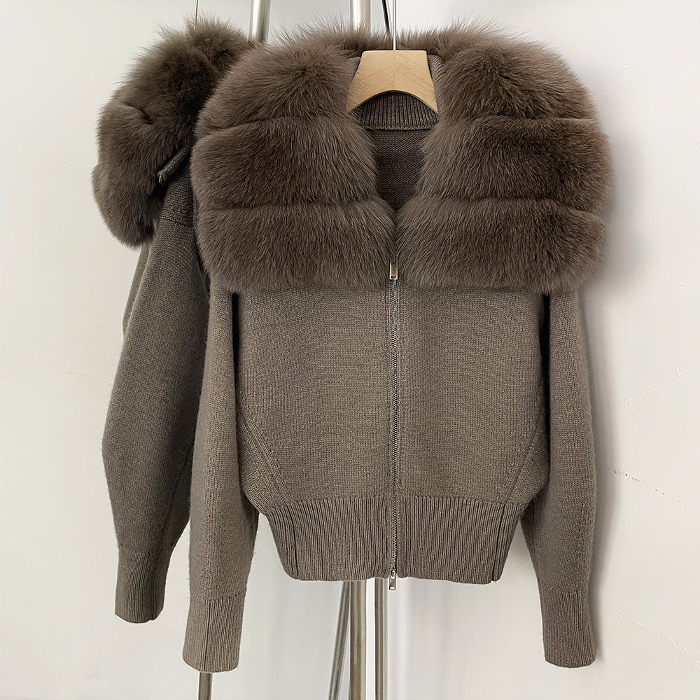 OFTBUY Women's Real Fox Raccoon Fur Collar Knit Zip Up Cardigan Ribbed Hem Warm Winter Sweater Jacket Female Luxury Outerwear