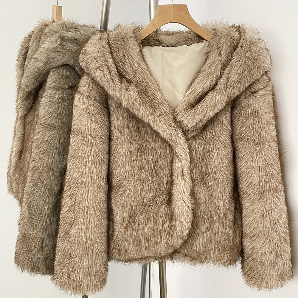 Back view of a luxury hooded faux fur jacket with realistic grey and brown multi-tonal texture