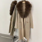 OFTBUY New Women's Knit Coat with Large Real Fox Fur Collar Belted Cardigan Female Winter Elegant Outerwear Warm Long Coat Lady