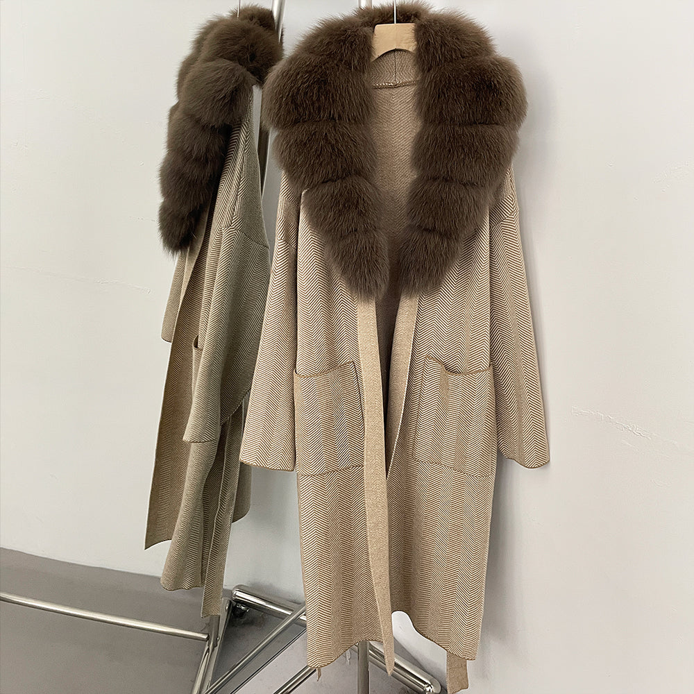 OFTBUY New Women's Knit Coat with Large Real Fox Fur Collar Belted Cardigan Female Winter Elegant Outerwear Warm Long Coat Lady