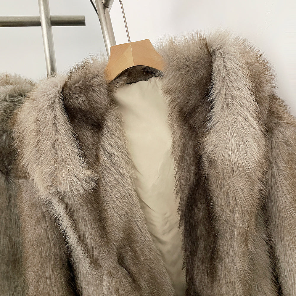 OFTBUY Luxury Hooded Faux Fur Jacket - Premium Vegan Silver Fox Style Cropped Winter Coat