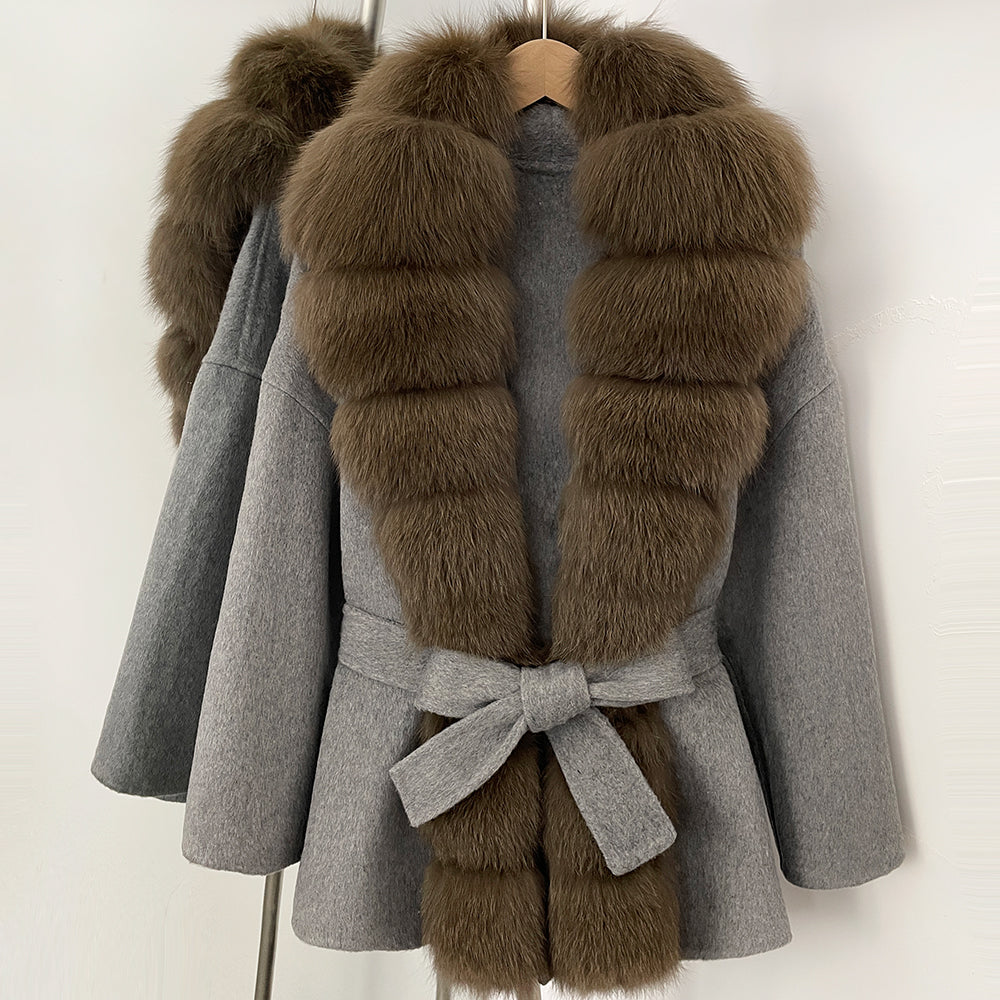 OFTBUY New Autumn Winter Clothes Women Big Natural Fox Fur Pinnacle 100% Wool Coat Female Belt Real Fur Collar Woolen Jacket