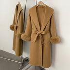 OFTBUY New Women's Double-Faced Wool Coat with Real Fox Fur Cuffs Wide Lapel Belted Bow Long Warm Winter Elegant Outerwear Lady
