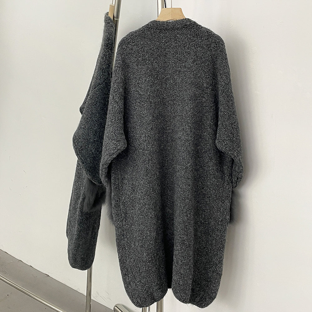 OFTBUY No Placket Long Sleeves Knitwear Jacket Long Real Fox Fur Pocket Cardigan Sweater Women New Spring Autumn Knitted Clothes