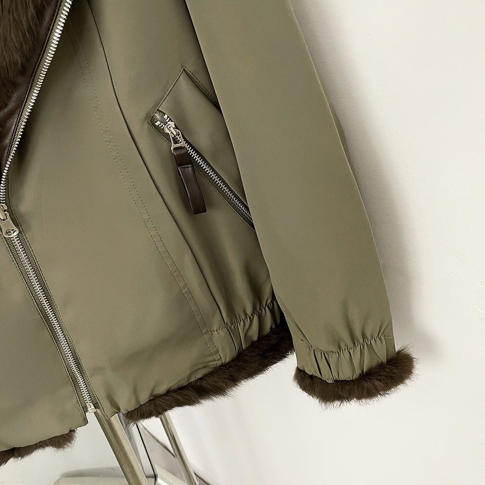 OFTBUY Reversible Real Rabbit Fur Lined Short Bomber Jacket - Oversized Wide Genuine Fox Fur Collar Windproof Outer Shell Winter Coat