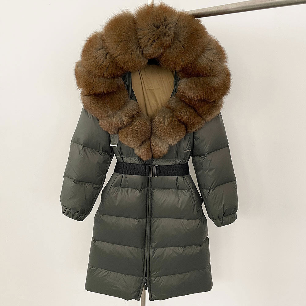OFTBUY New Natural Thick Warm Duck Down Coat Female Long Winter Jacket Women Real Big Fox Fur Collar Belt Loose Puffer Parka