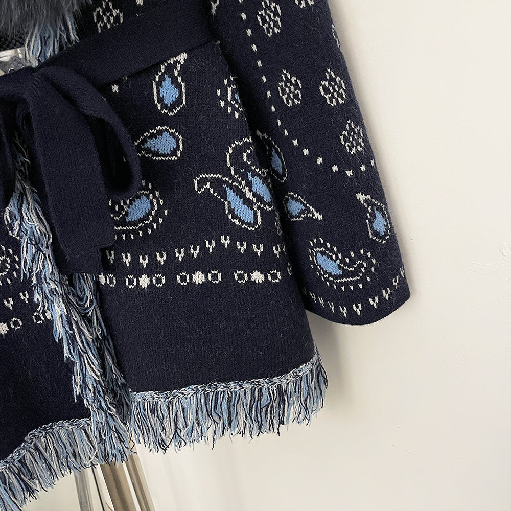 OFTBUY New Luxury Clothes Winter Outerwear Lady Women's Paisley Knit Cardigan with Real Fox Fur Trim Belted Sweater Coat Female