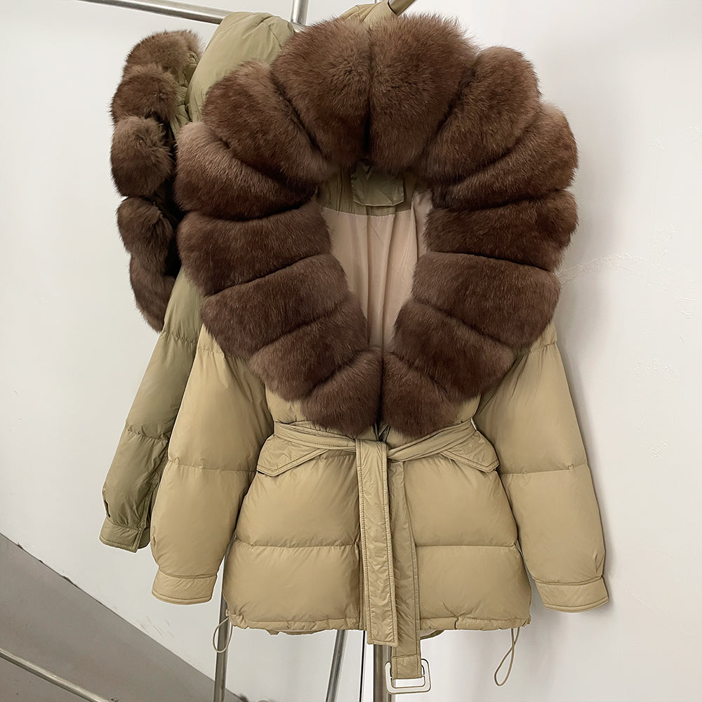 OFTBUY Thick Warm Mid-Long Puffer Coat Real Fox Fur Collar White Duck Down Coat Female Loose Warm Hooded Parkas With Belt