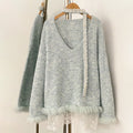 OFTBUY New Spring Autumn Top Knitted Clothes Women Loose Ribbon Knitwear Coat Real Fox Fur Lace Pullovers Sweater Jacket Female