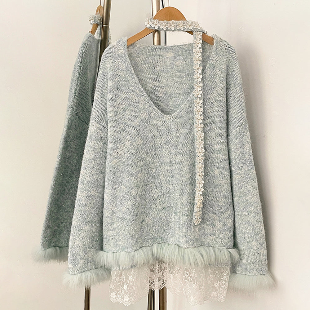 OFTBUY New Spring Autumn Top Knitted Clothes Women Loose Ribbon Knitwear Coat Real Fox Fur Lace Pullovers Sweater Jacket Female