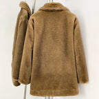 Back view of smooth full faux mink fur mid coat