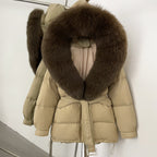 OFTBUY Thick Warm Mid-Long Puffer Coat Real Fox Fur Collar White Duck Down Coat Female Loose Warm Hooded Parkas With Belt
