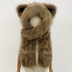 OFTBUY Thick Warm Cute Animal Natural Raccoon Fur Hat Scarf Women New Winter Windproof Cycling Caps Real Fur Muffler Female