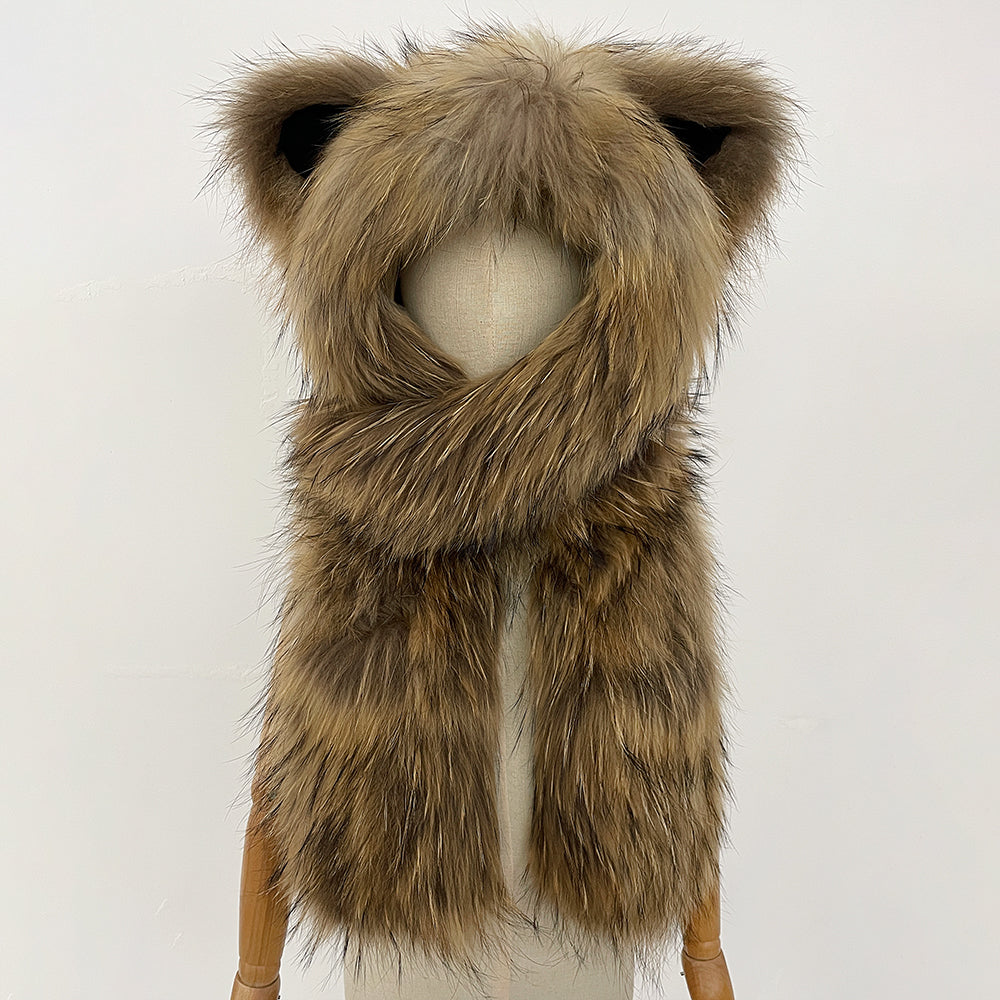 OFTBUY Thick Warm Cute Animal Natural Raccoon Fur Hat Scarf Women New Winter Windproof Cycling Caps Real Fur Muffler Female