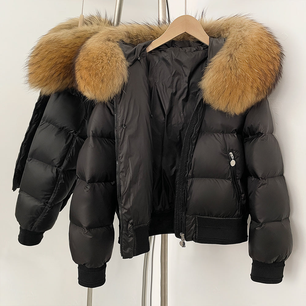 OFTBUY Big Natural Raccoon Fur Fluffy Puffer Jacket Women Knit Cuff Real Fur Collar White Duck Down Coat New Winter Top Clothes