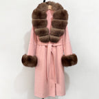 OFTBUY New Women's Double-Faced Wool Coat with Large Real Fox Fur Belted Warm Winter Luxury Fashion Outerwear Woolen Jacket Lady