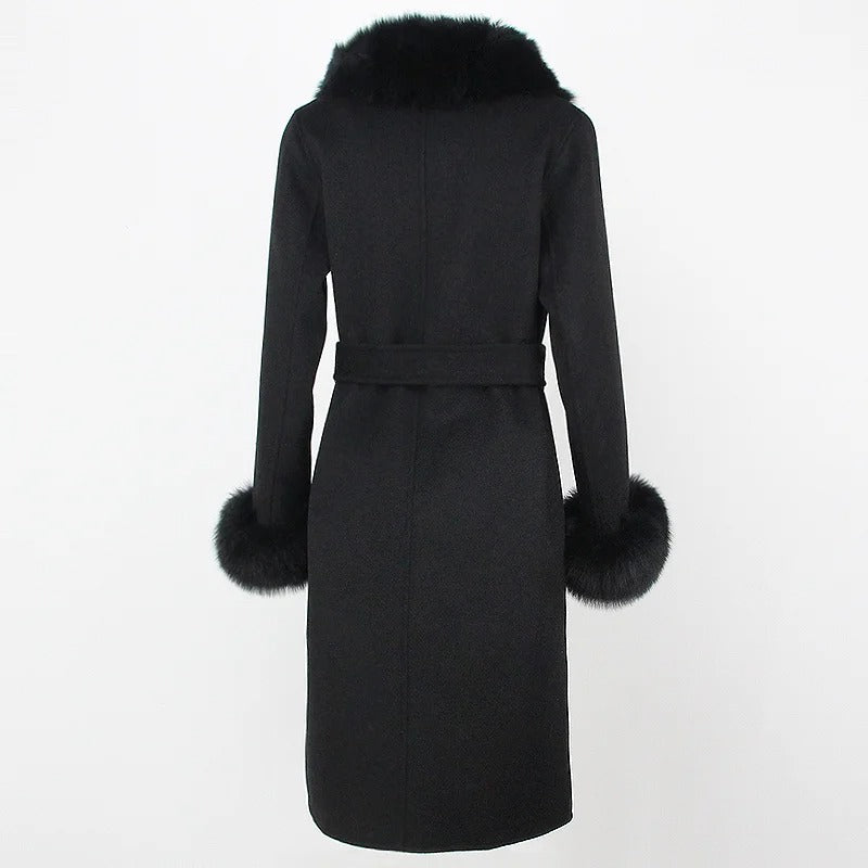 OFTBUY Winter Jacket Women Long Natural Wool Blends Cashmere Real Fur Coat Double Breasted Belt Warm Streetwear New Fashion