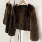 OFTBUY Luxury Collarless Faux Fur Jacket - Chic Short Fluffy Vegan Fur Coat for Women