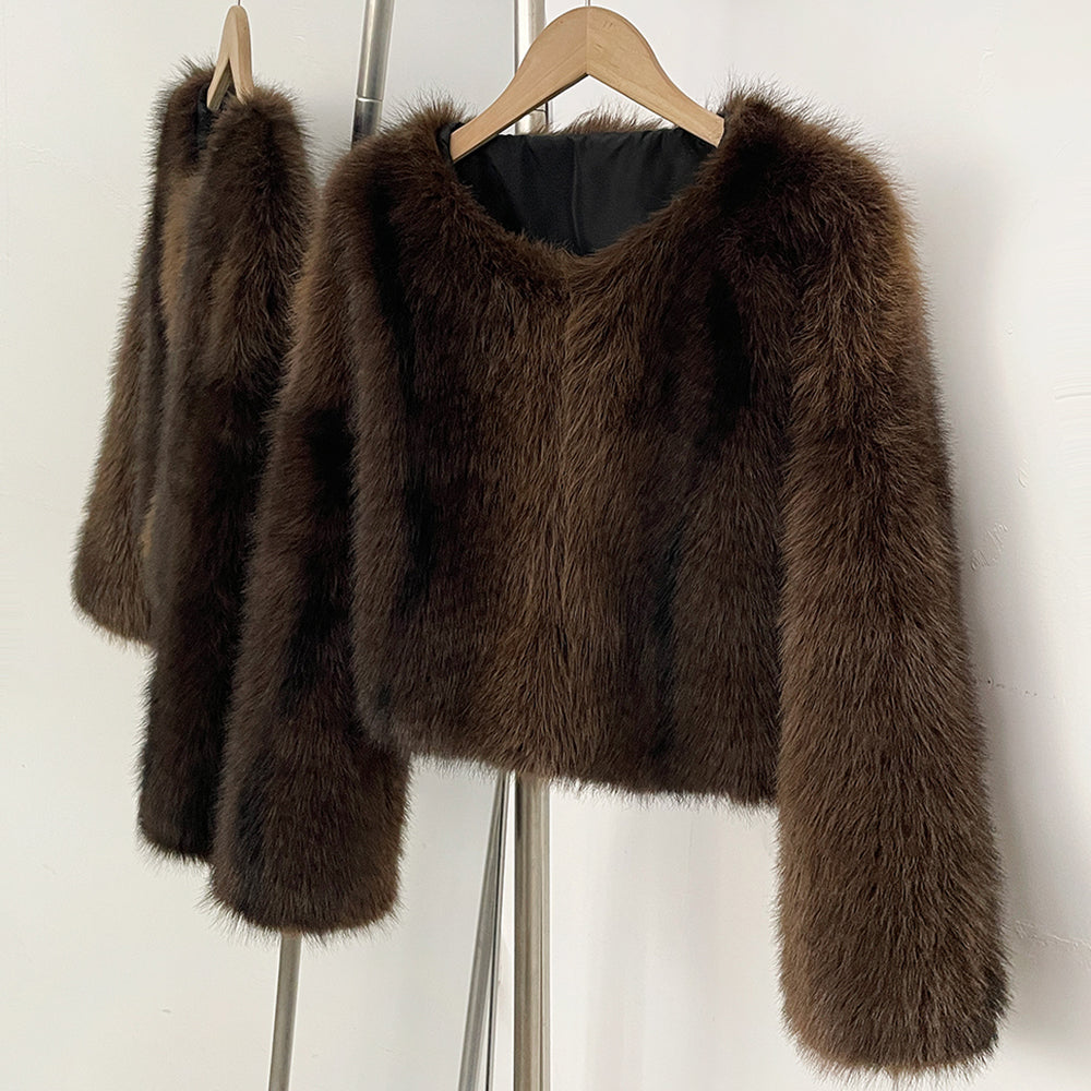 OFTBUY Luxury Collarless Faux Fur Jacket - Chic Short Fluffy Vegan Fur Coat for Women