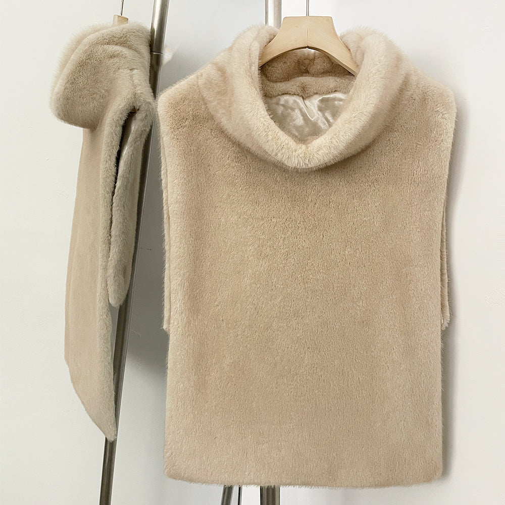 OFTBUY New Women's Faux Fur Sleeveless Gilet with Turtleneck Collar Soft Warm Beige Outerwear Winter Clothes Women Fashion Coats