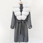 OFTBUY Winter Jacket Women Woolen Blends Coat Natural Real Fox Fur Collar Belt Loose Outerwear Casual Outerwear Streetwear