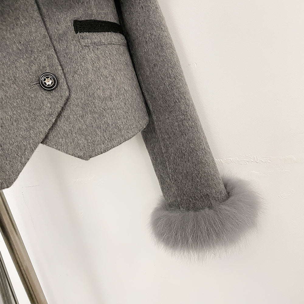 OFTBUY Double Buttons Pockets Warm Winter Elegant Outerwear New Women's Wool Cropped Jacket with Large Real Fox Fur Collar Cuffs