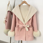OFTBUY Belted Bow Pockets Winter Elegant Outerwear Jacket Female New Women's Wool Coat with Contrast Hood Real Fox Fur Cuffs