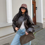 OFTBUY Womens Oversized Faux Leather Bomber Jacket