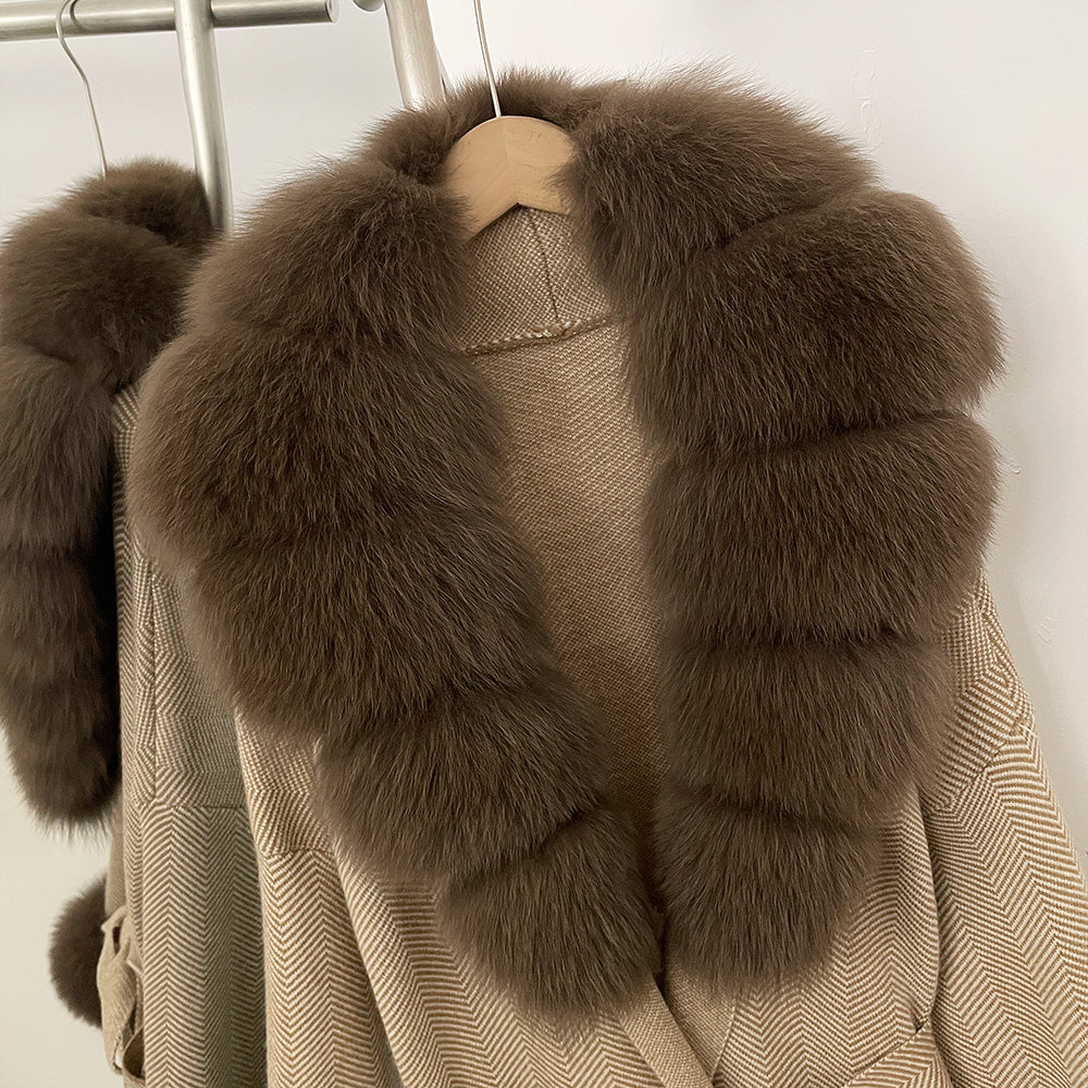 OFTBUY Winter Elegant Outerwear Warm Long Coat Lady New Women's Knit Coat with Large Real Fox Fur Collar Belted Cardigan Female