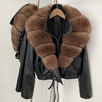 OFTBUY Women's Black Faux Leather Moto Jacket with Real Fox Fur Collar PU Leather Cropped Biker Coat Female New Winter Outerwear