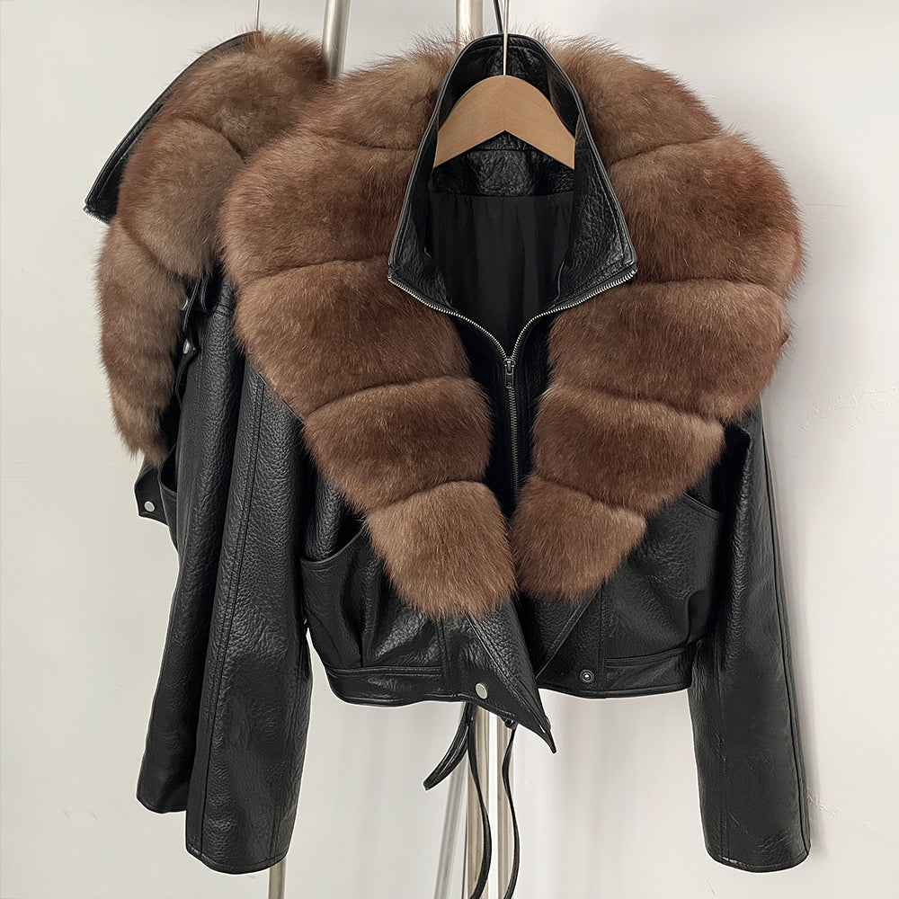 OFTBUY Women's Black Faux Leather Moto Jacket with Real Fox Fur Collar PU Leather Cropped Biker Coat Female New Winter Outerwear