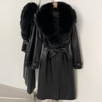 OFTBUY Long Faux Leather Jacket with Faux Fur Collar New Autumn Winter Clothes Women Fashion Belt Pocket Coat Female Streetwear