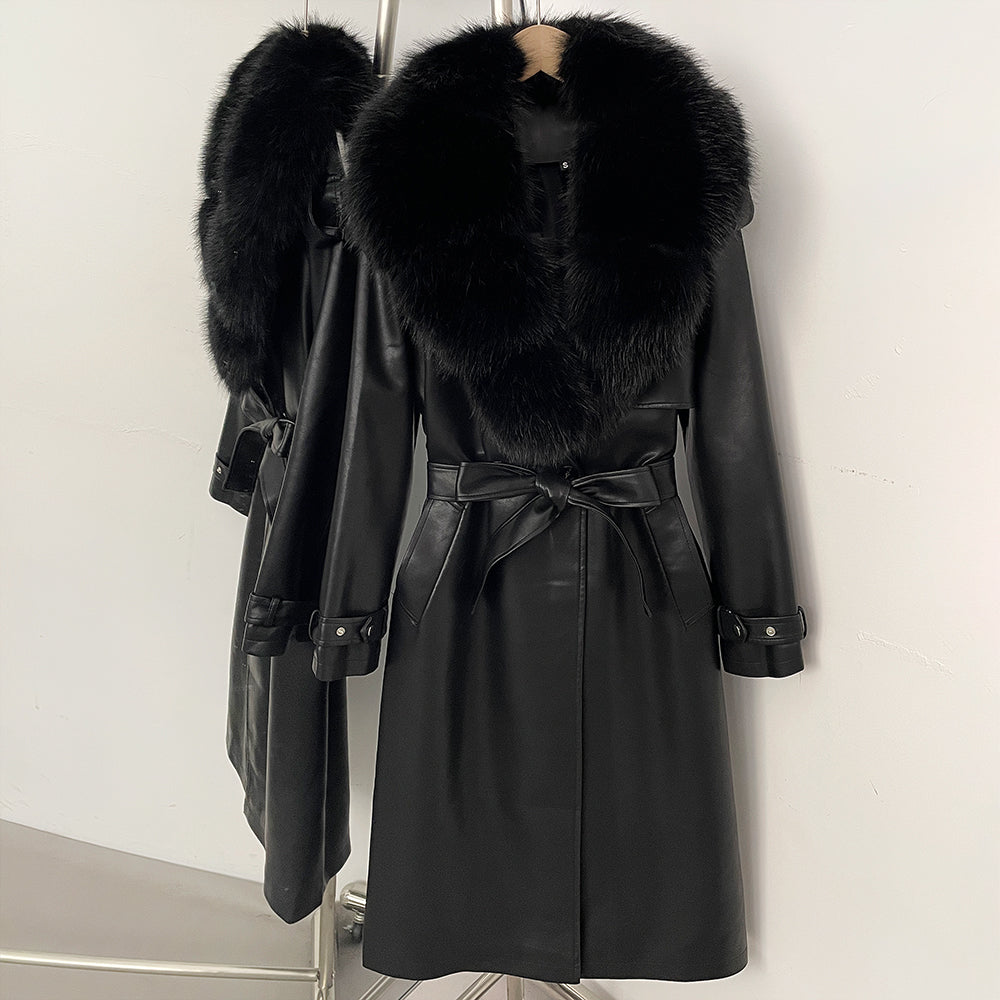 OFTBUY Long Faux Leather Jacket with Faux Fur Collar New Autumn Winter Clothes Women Fashion Belt Pocket Coat Female Streetwear