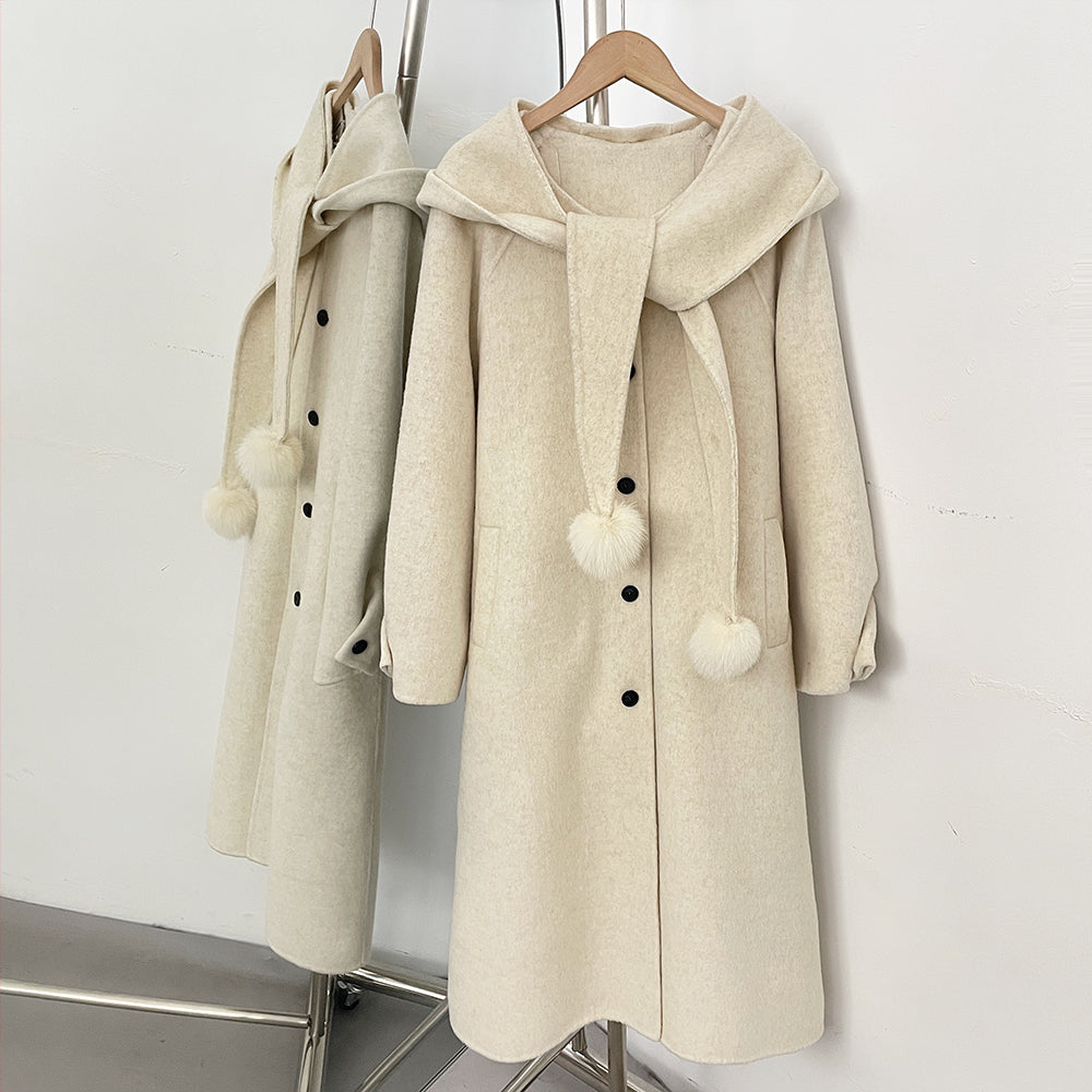 OFTBUY New Women's Hooded Wool Coat with Fur Pom Details Long Single Breasted Winter Warm Elegant Woolen Outerwear Female