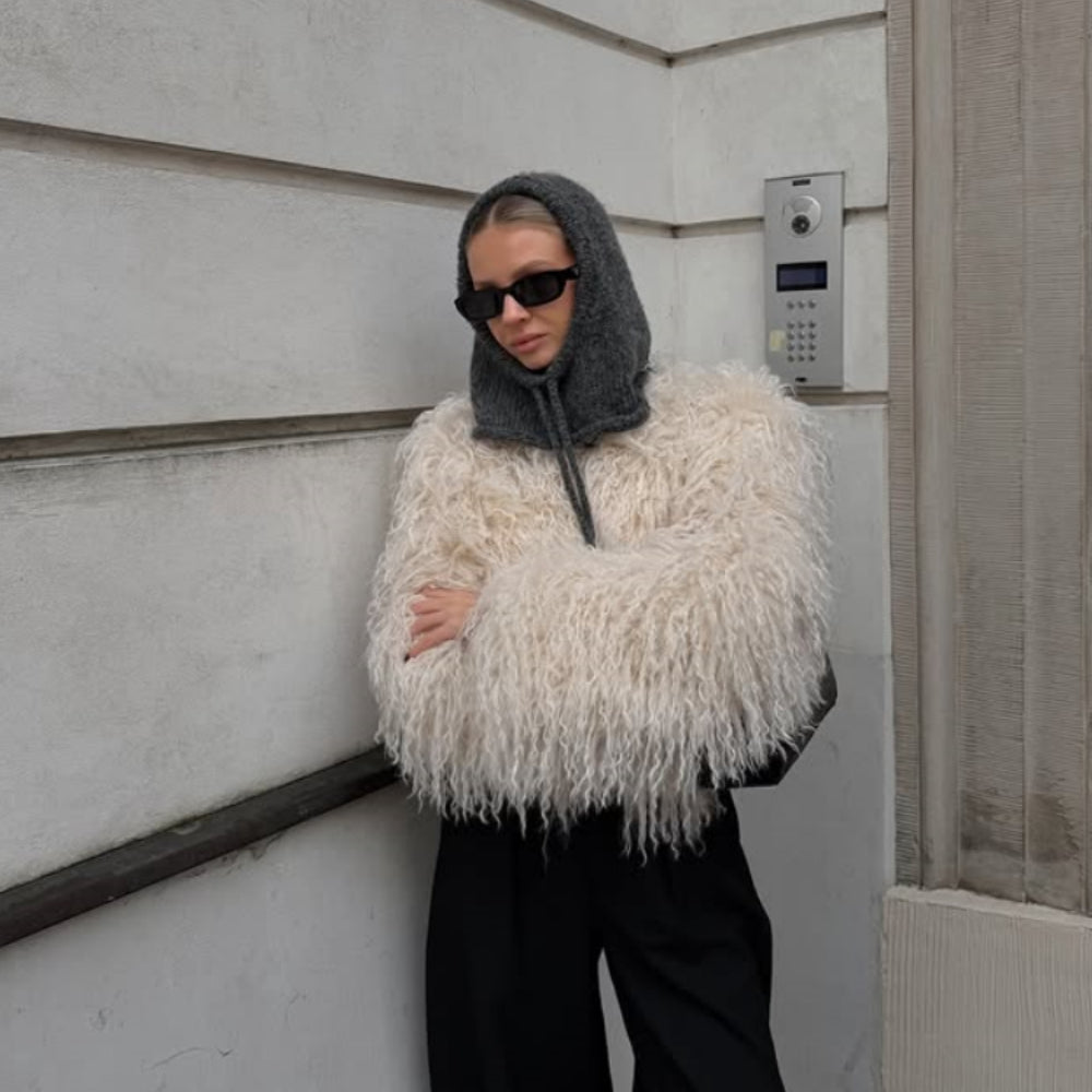 OFTBUY Cropped Faux Mongolia Sheep Fur Jacket