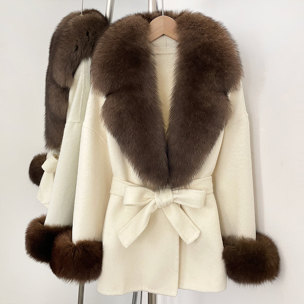 OFTBUY New Women's Double-Faced Wool Coat with Large Real Fox Fur Collar Cuffs Belted Warm Winter Elegant Fashion Outerwear Lady
