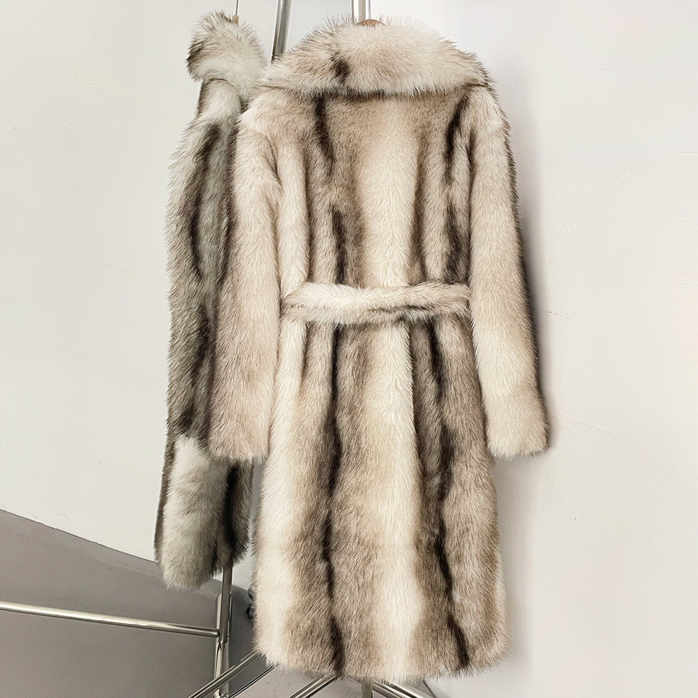 OFTBUY Luxury Long-Length Belted Faux Fur Coat - Premium Vegan Silver Fox Style Overcoat with Oversized Lapel