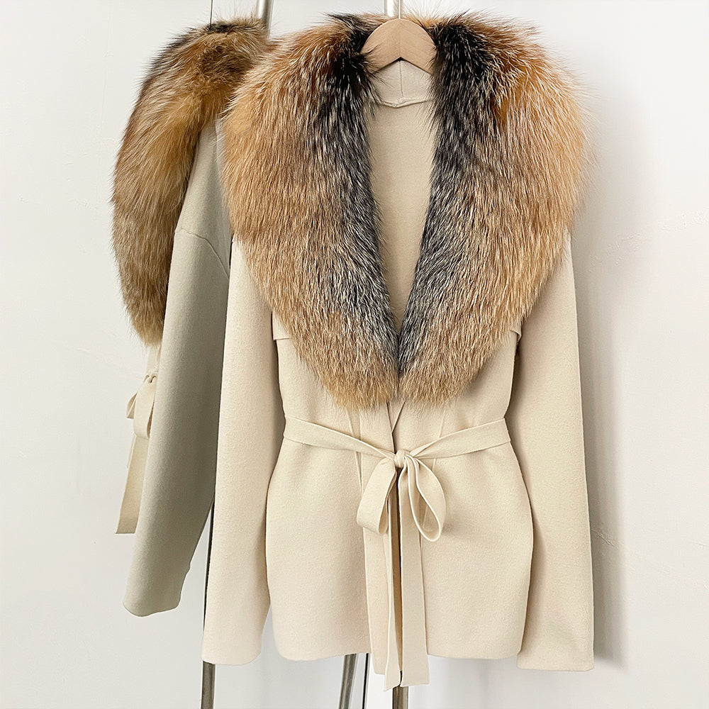 OFTBUY Fashion Real Fox Fur Collar Sweater Lady Loose Luxury Jacket Women's Clothes New Spring Autumn Belt Knit Cardigan Female