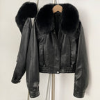 OFTBUY New Spring Autumn Short Top Clothes Women Fashion Pu Leather Jacket with Faux Fur Collar Biker Fake Leather Coat Female