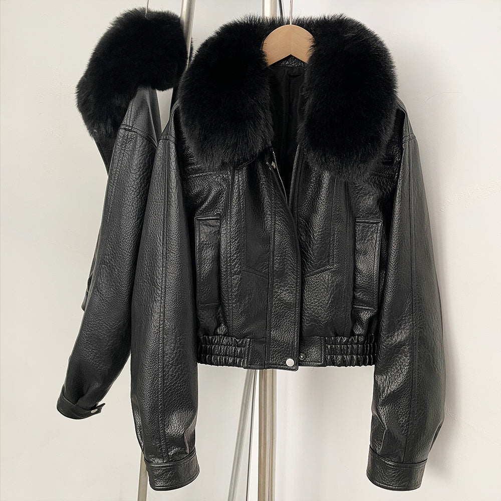 OFTBUY New Spring Autumn Short Top Clothes Women Fashion Pu Leather Jacket with Faux Fur Collar Biker Fake Leather Coat Female