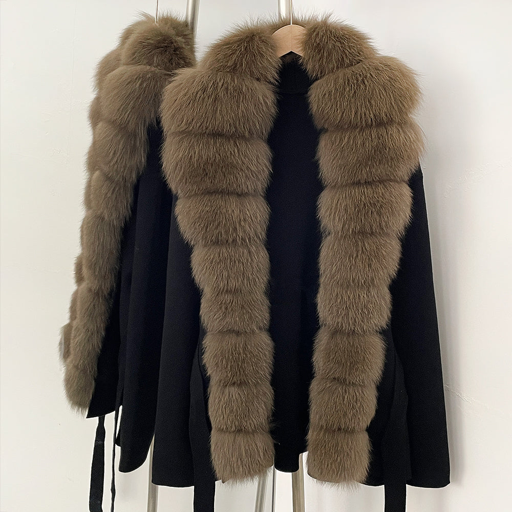 OFTBUY Luxury Warm Winter Fashion Outerwear New Women's Knit Cardigan with Oversized Real Fox Fur Trim Self-Tie Belt Sweater