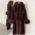 OFTBUY Long Big Fox Fur Pinnacle 100% Wool Coat Female New Autumn Winter Clothes Women Belt Natural Fur Collar Woolen Jacket