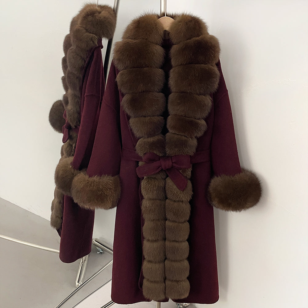 OFTBUY Long Big Fox Fur Pinnacle 100% Wool Coat Female New Autumn Winter Clothes Women Belt Natural Fur Collar Woolen Jacket