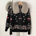 OFTBUY Women's Vintage Real Fox Fur Collar Knit Cardigan Paisley Print Zip Up Sweater Jacket Female Warm Winter Luxury Outerwear
