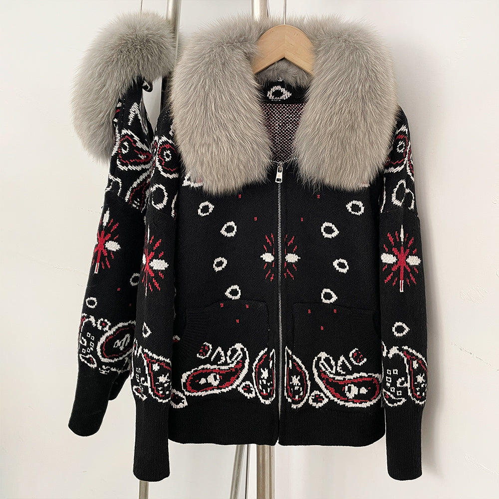 OFTBUY Women's Vintage Real Fox Fur Collar Knit Cardigan Paisley Print Zip Up Sweater Jacket Female Warm Winter Luxury Outerwear